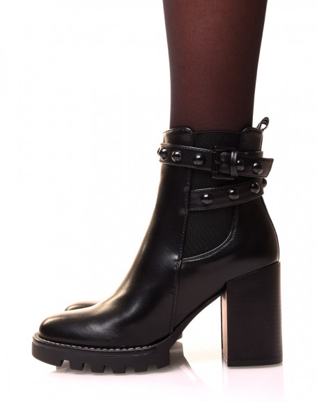 Black High Heel Studded Strap Ankle Boots