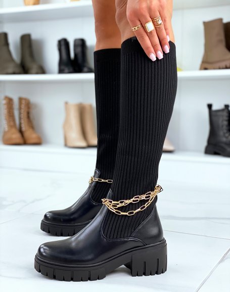 Black high sock boots with thin golden chains