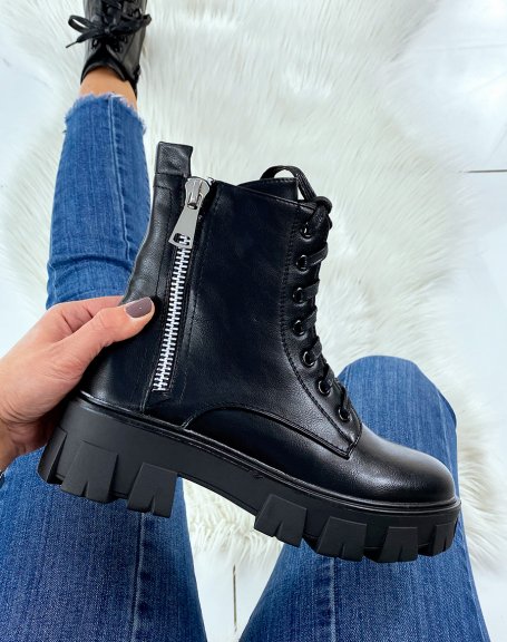 Black high-top lace-up ankle boots with zip and lug sole