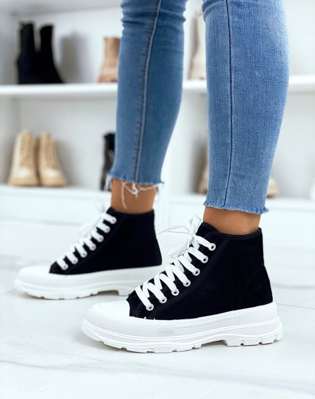Black high top sneakers in striped suede