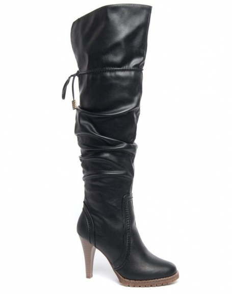 Black Ideal high boot with pleated leggings and thin stacked heel
