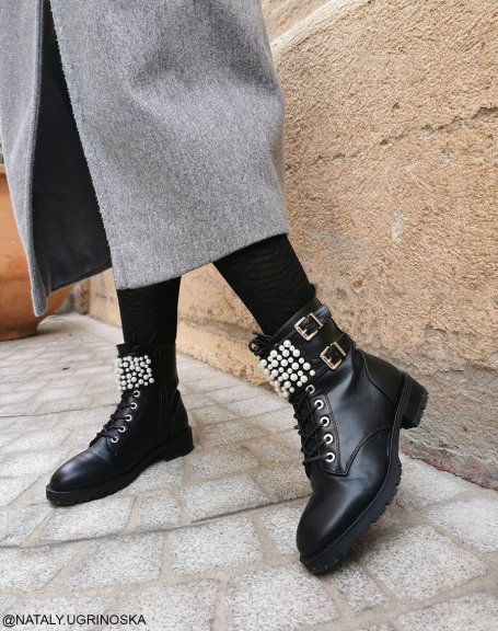 Black lace-up ankle boots adorned with pearls