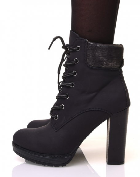 Black lace up high heel ankle boots