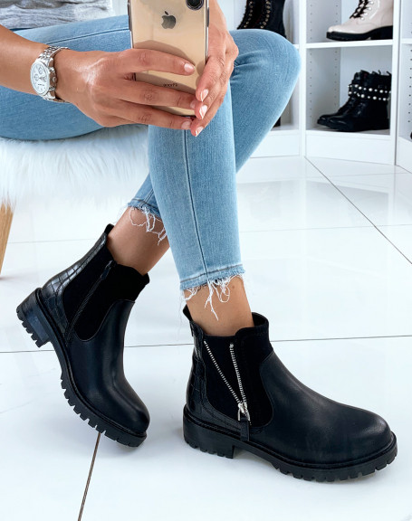 Black low boots in bi-material with silver closure details