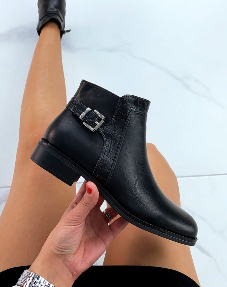 Black low-cut ankle boots with croc-effect inserts and strap
