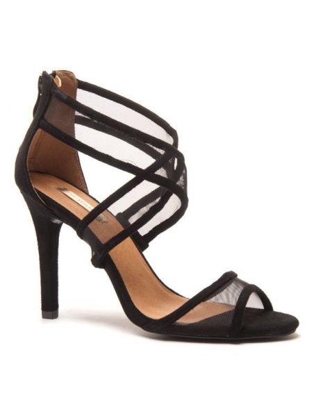 Black mesh and suede sandals