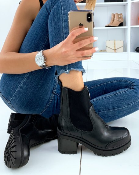 Black mid-heel ankle boots with zip