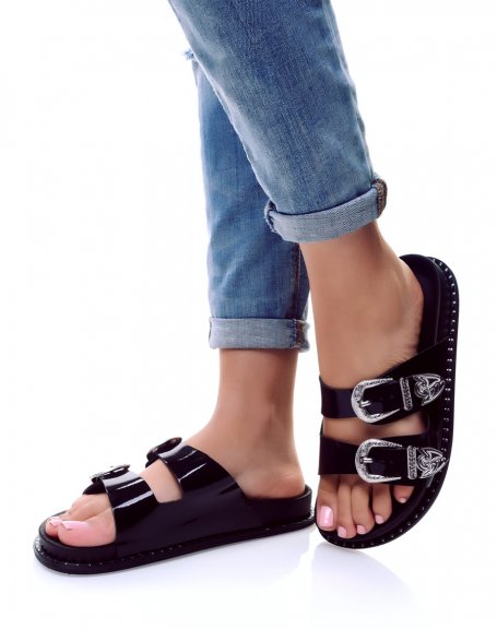 Black mules with silver buckles