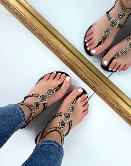 Black multi-embellished strappy sandals