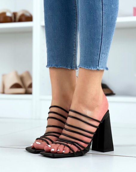 Black multi-strap high heel sandals
