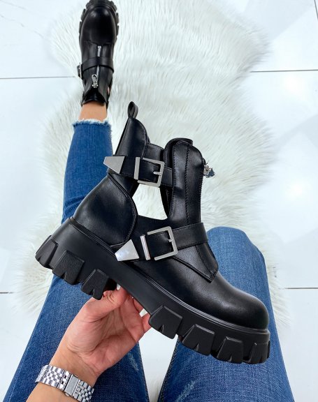 Black open ankle boots with double straps and zip
