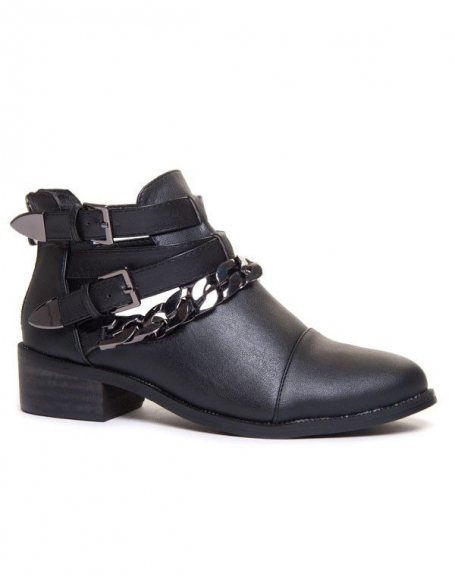 Black openwork ankle boot with chunky chain and toe cap