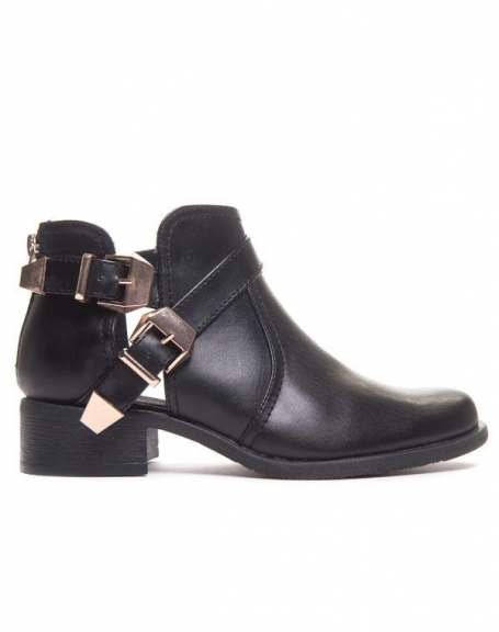 Black openwork ankle boot with golden buckle and tightened toe