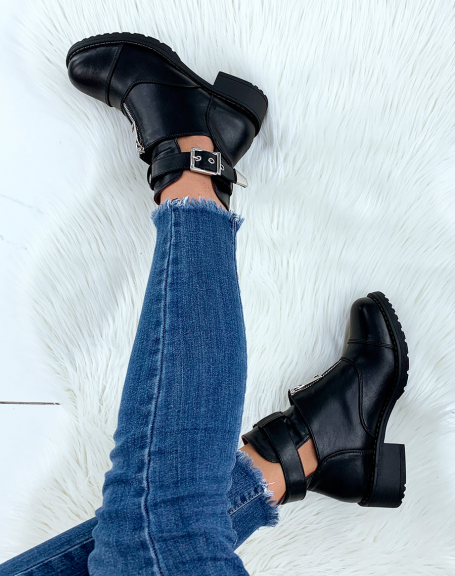 Black openwork ankle boots with strap