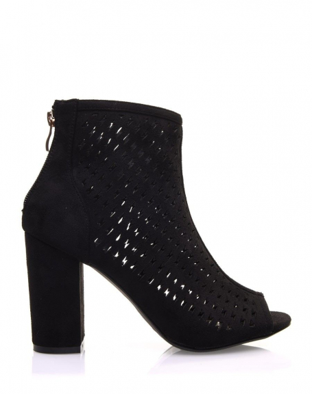 Black openwork heeled ankle boots
