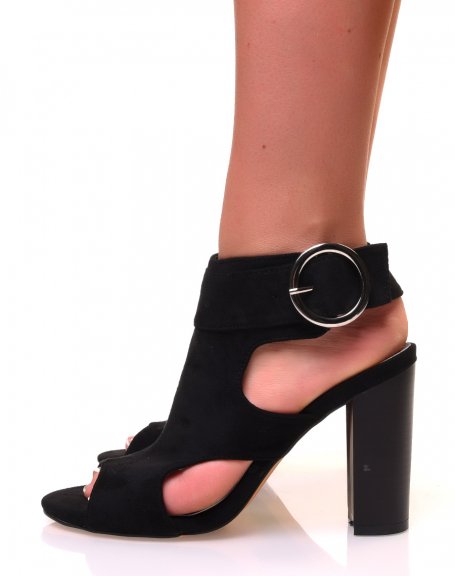 Black openwork sandals with suedette heels