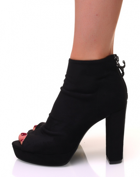 Black openwork suedette ankle boots with square heels