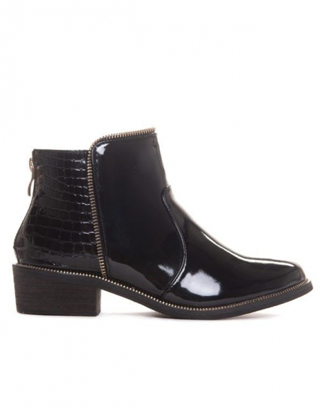 Black patent and crocodile ankle boots