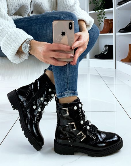 Black patent ankle boots adorned with pearls