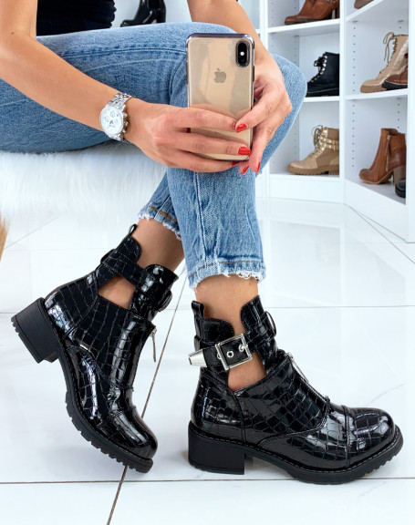 Black patent ankle boots open at the top with crocodile finish