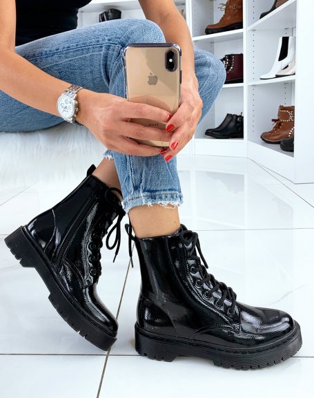 Black patent ankle boots with big laces