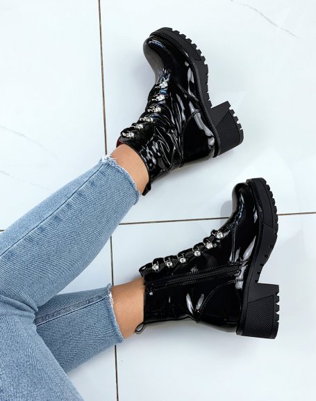 Black patent ankle boots with large jewels