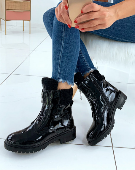 Black patent ankle boots with lining