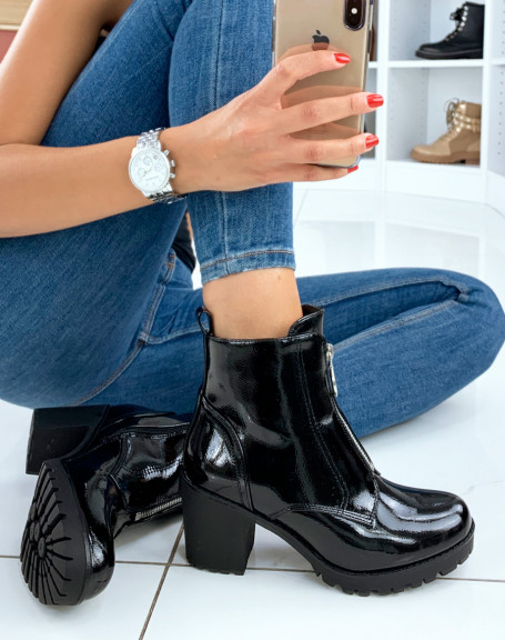 Black patent ankle boots with mid-high heel