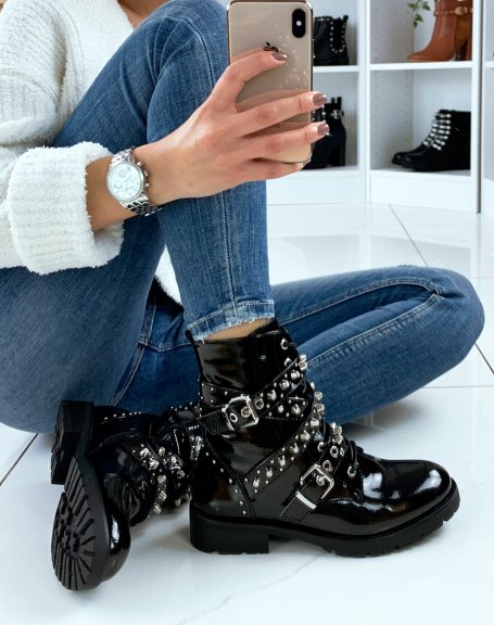 Black patent ankle boots with multiple straps