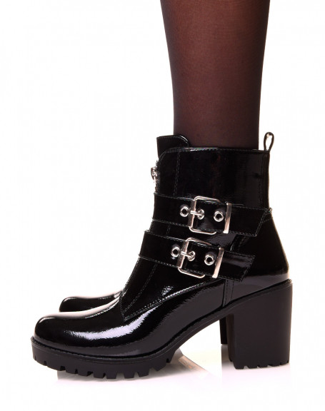 Black patent ankle boots with multiple straps