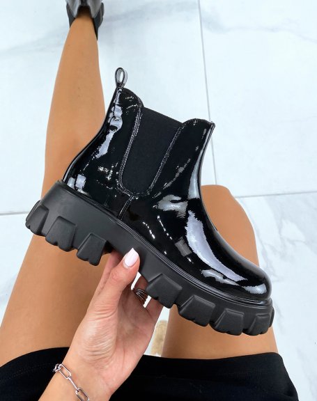 Black patent ankle boots with platform soles