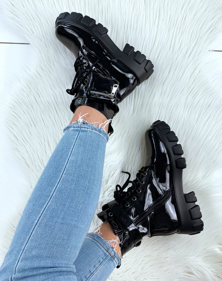 Black patent ankle boots with small pocket