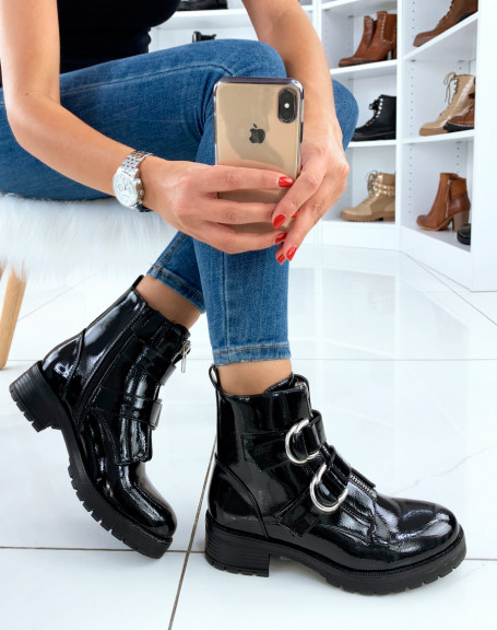 Black patent ankle boots with straps
