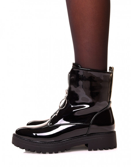 Black patent ankle boots with zip at the front