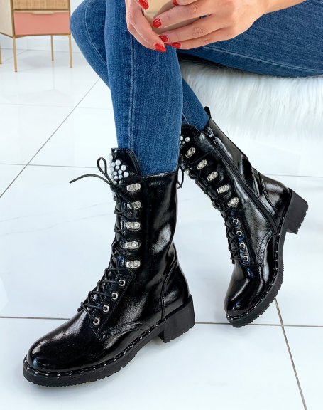 Black patent boots with pearls