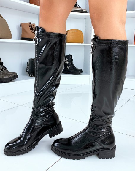 Black patent boots with zip