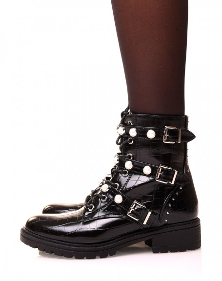 Black patent croc-effect ankle boots with beaded straps