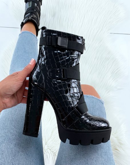 Black patent croc-effect ankle boots with heels and crossed straps