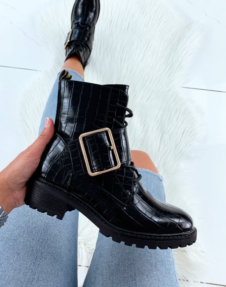 Black patent croc-effect ankle boots with laces and large golden buckles