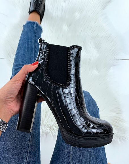 Black patent croc-effect ankle boots with pearls