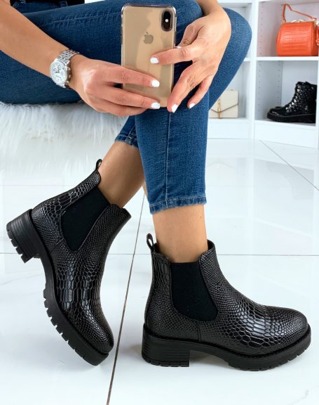 Black patent croc-effect Chelsea boots