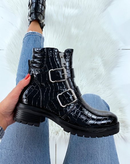 Black patent crocodile high ankle boots with two buckles