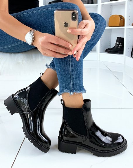 Black patent elastic ankle boots