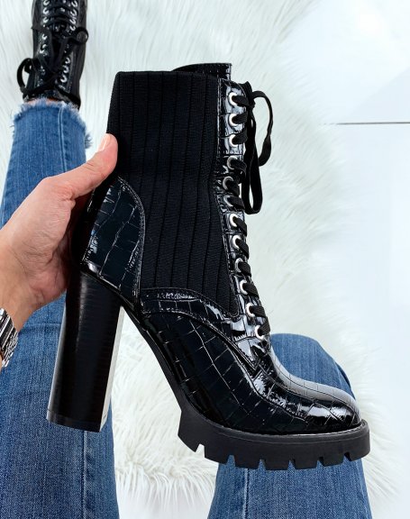 Black patent heeled sock-effect ankle boots