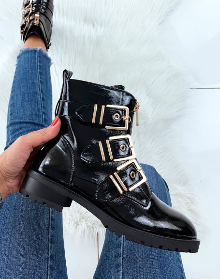 Black patent high ankle boots with golden buckles