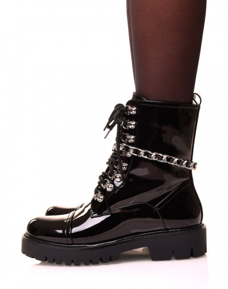 Black patent high ankle boots with openwork chain