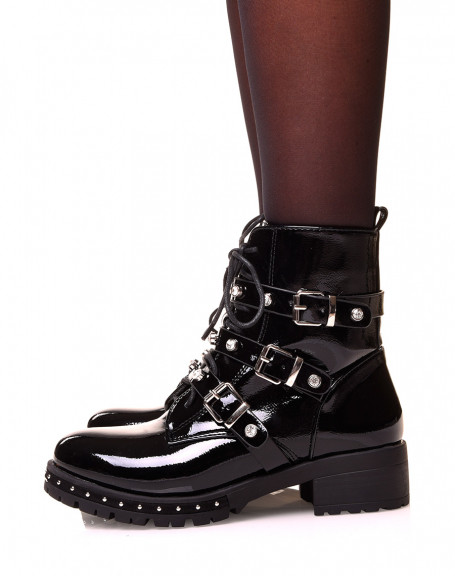 Black patent high ankle boots with zipper and rhinestone straps