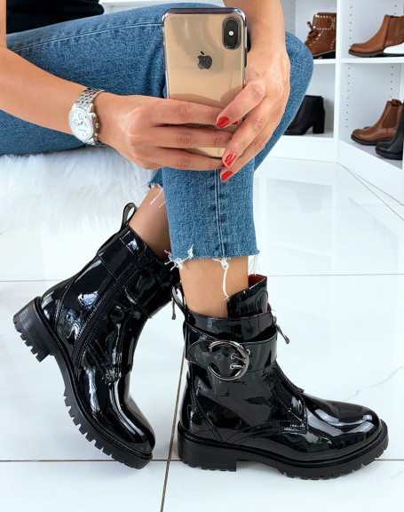 Black patent high crocodile ankle boots with buckle detail