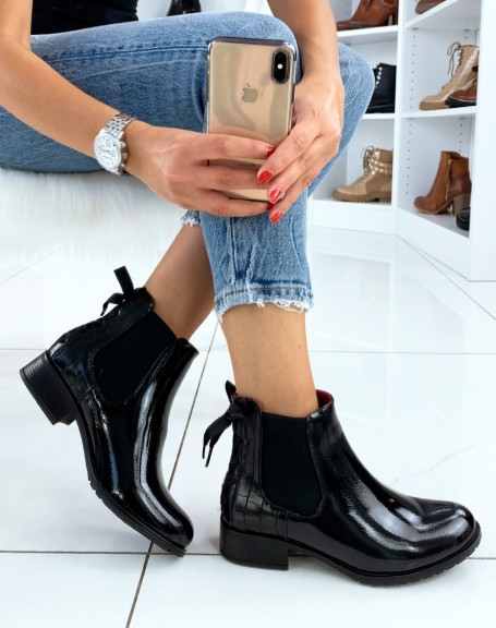 Black patent low ankle boots