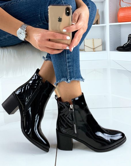 Black patent low ankle boots with mid-high heels
